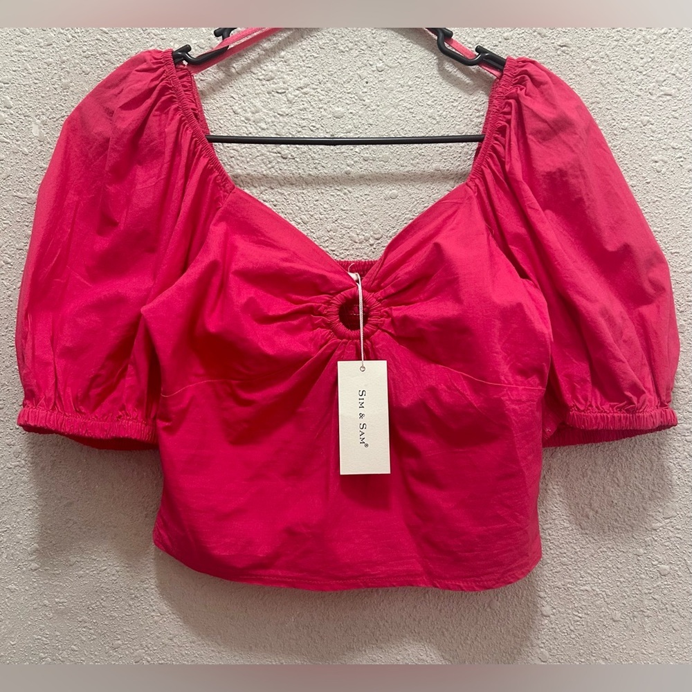 Sim & Sam Ring Detail Puff Sleeve Pink Flame Cropped Top NWT M